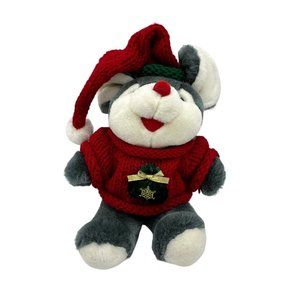 Vtg TB Trading Co Inc Plush Gray Christmas Mouse Red Sweater Green Present‎ 12"
